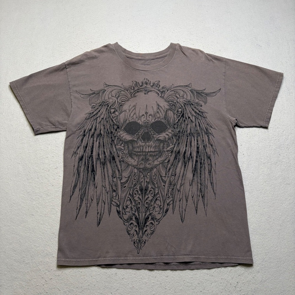 MMA Elite Graphic Tee Mens Large Gray Skull Wings Y2K Streetwear Shirt